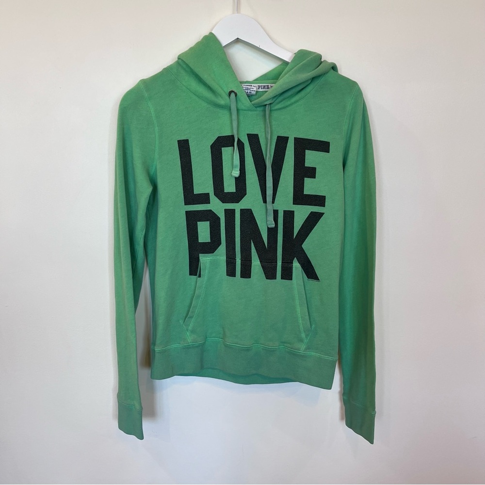 Pink Victorias Secret Hoodie Womens Medium Green Spell Out Y2K Pocket Love